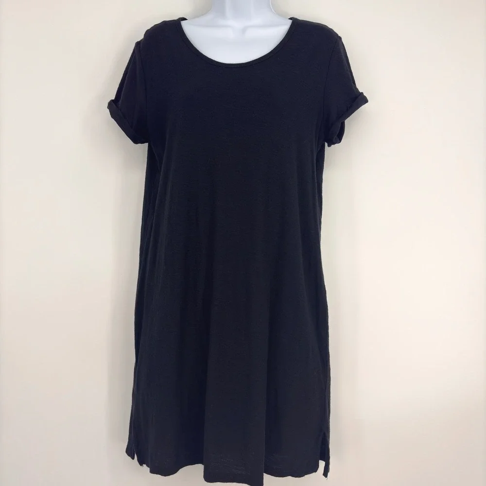 Standard James Perse T Shirt Dress Black Midi Roll Sleeve Side Slit Lined Sz 3/L - Picture 2 of 10